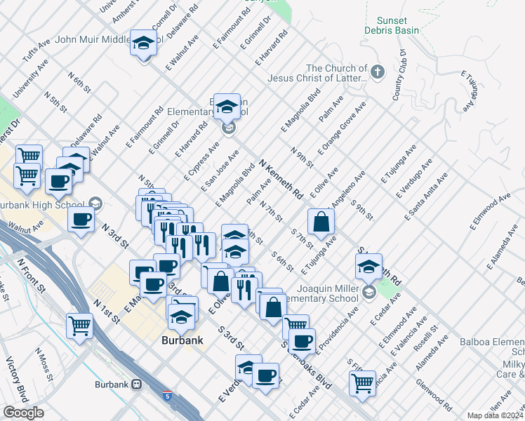 map of restaurants, bars, coffee shops, grocery stores, and more near 711 East Orange Grove Avenue in Burbank