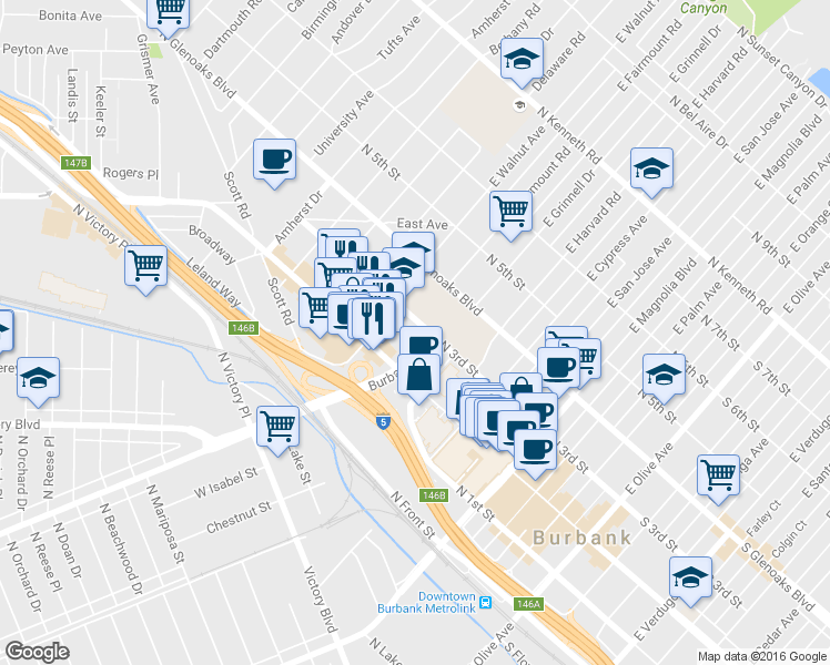 map of restaurants, bars, coffee shops, grocery stores, and more near 905 North 3rd Street in Burbank