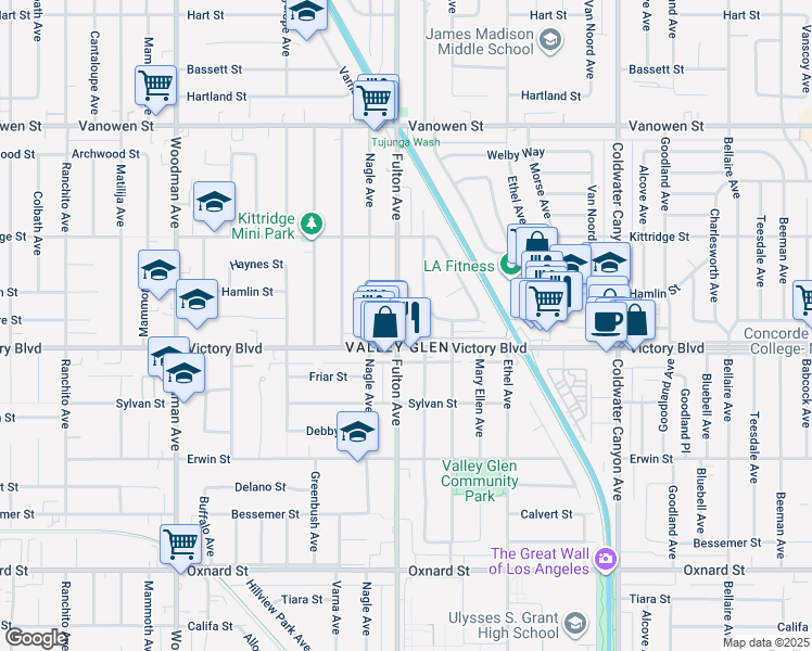 map of restaurants, bars, coffee shops, grocery stores, and more near 6446 Fulton Avenue in Los Angeles