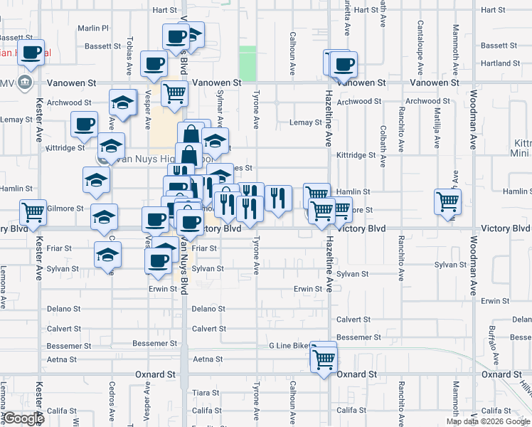 map of restaurants, bars, coffee shops, grocery stores, and more near 14259 Gilmore Street in Los Angeles
