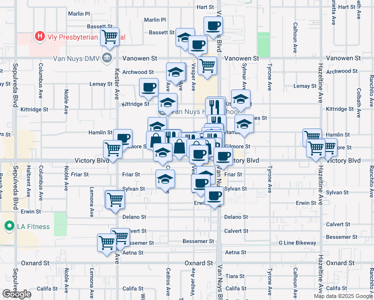 map of restaurants, bars, coffee shops, grocery stores, and more near 14629 Gilmore Street in Los Angeles