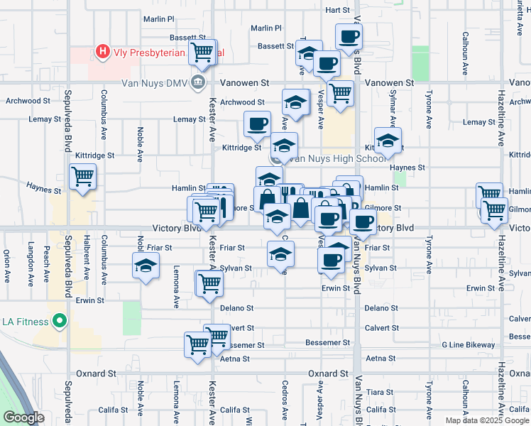 map of restaurants, bars, coffee shops, grocery stores, and more near 14805 Gilmore Street in Los Angeles