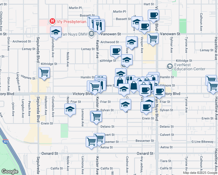 map of restaurants, bars, coffee shops, grocery stores, and more near 14833 Gilmore Street in Los Angeles