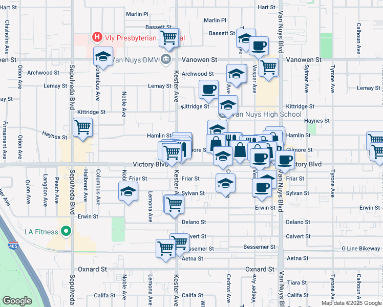 map of restaurants, bars, coffee shops, grocery stores, and more near 14833 Gilmore Street in Los Angeles