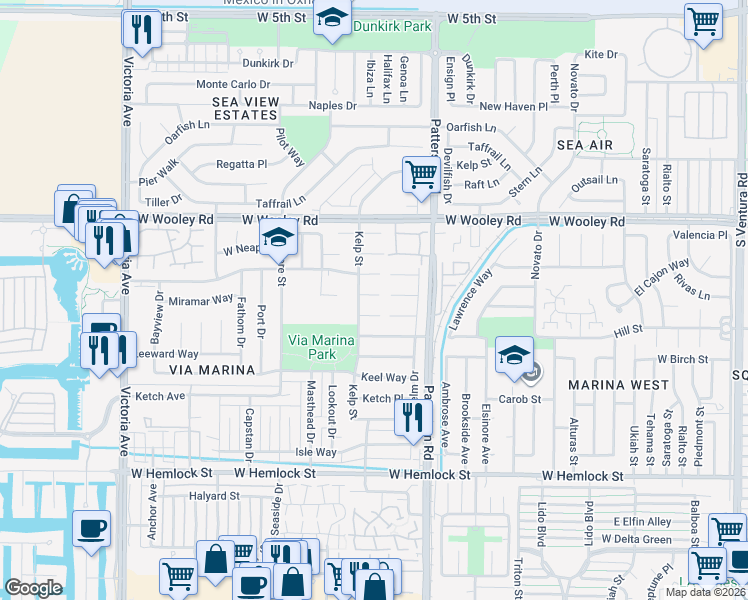 map of restaurants, bars, coffee shops, grocery stores, and more near 3090 Via Marina Court in Oxnard