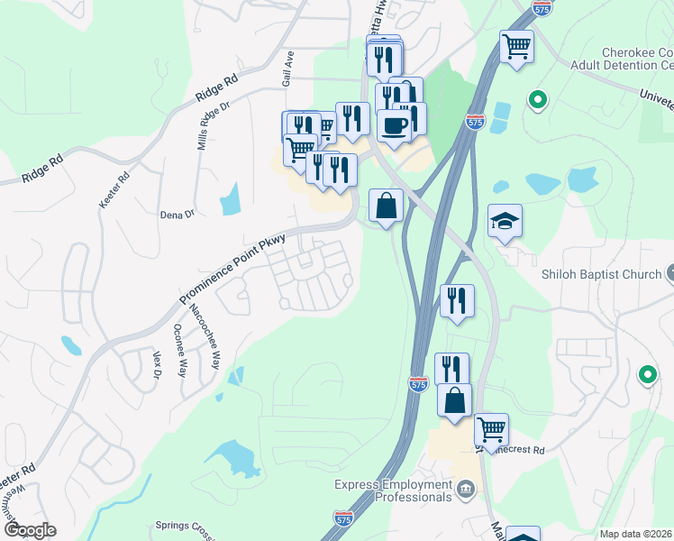 map of restaurants, bars, coffee shops, grocery stores, and more near 1003 Camellia Trace in Canton