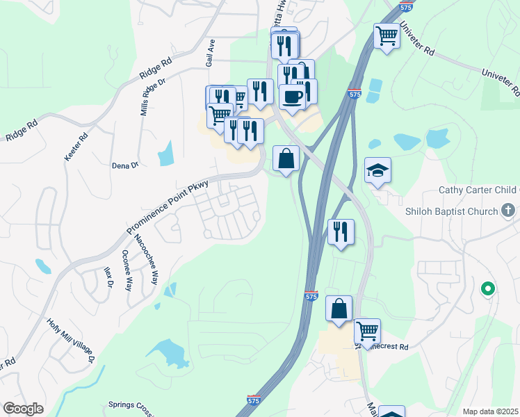 map of restaurants, bars, coffee shops, grocery stores, and more near 102 Oleander Way in Canton