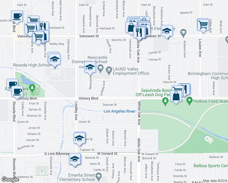 map of restaurants, bars, coffee shops, grocery stores, and more near 6417 Jamieson Avenue in Los Angeles