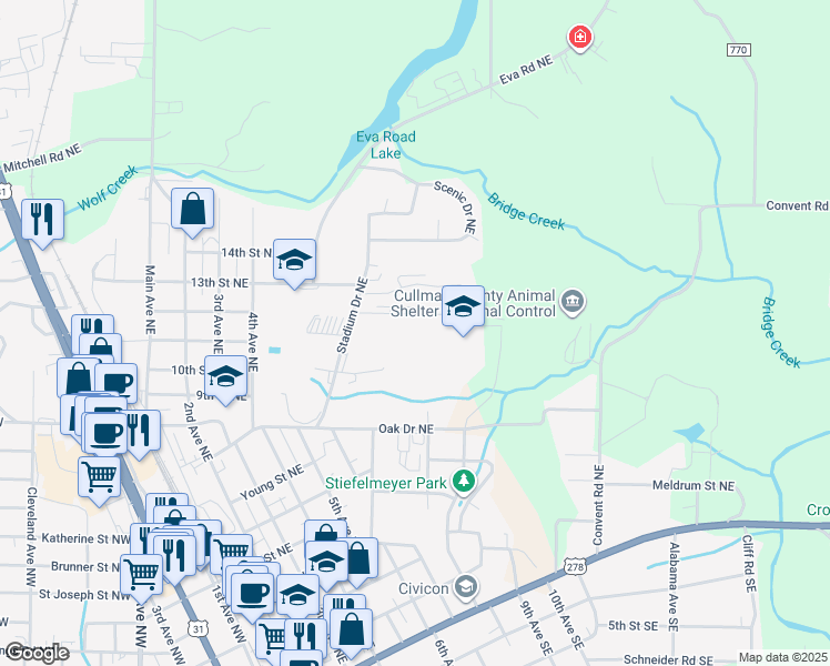 map of restaurants, bars, coffee shops, grocery stores, and more near 900 Hoehn Drive Northeast in Cullman