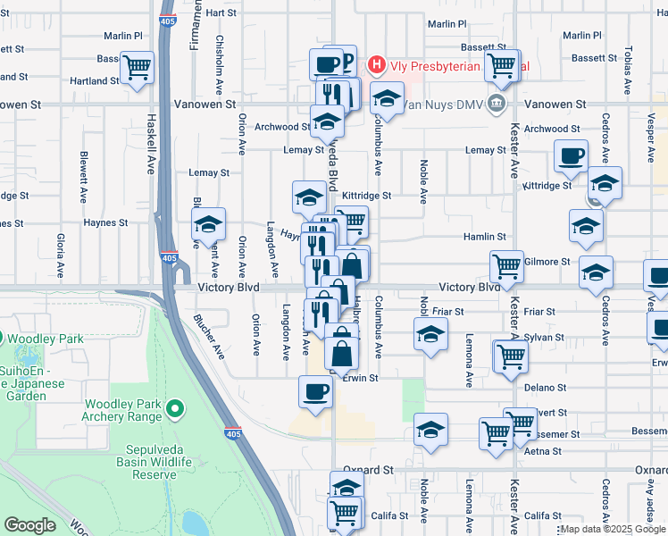 map of restaurants, bars, coffee shops, grocery stores, and more near 6474 Sepulveda Boulevard in Los Angeles