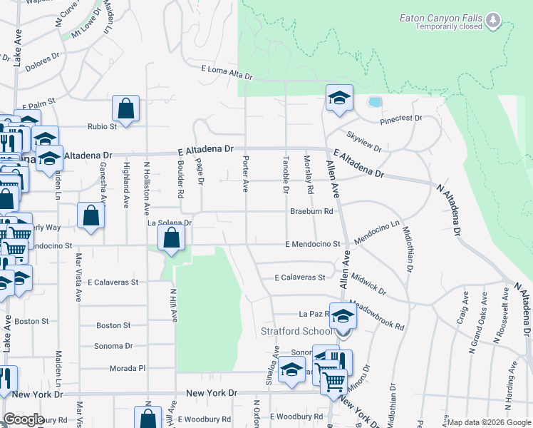 map of restaurants, bars, coffee shops, grocery stores, and more near 1678 Braeburn Road in Altadena