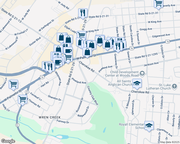 map of restaurants, bars, coffee shops, grocery stores, and more near 1717 Cherokee Road in Florence