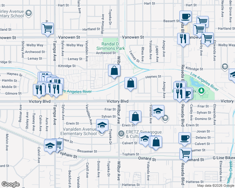 map of restaurants, bars, coffee shops, grocery stores, and more near 6423 Wilbur Avenue in Los Angeles