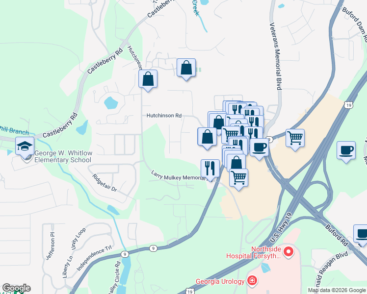 map of restaurants, bars, coffee shops, grocery stores, and more near 3621 Hutchinson Trace Drive in Cumming