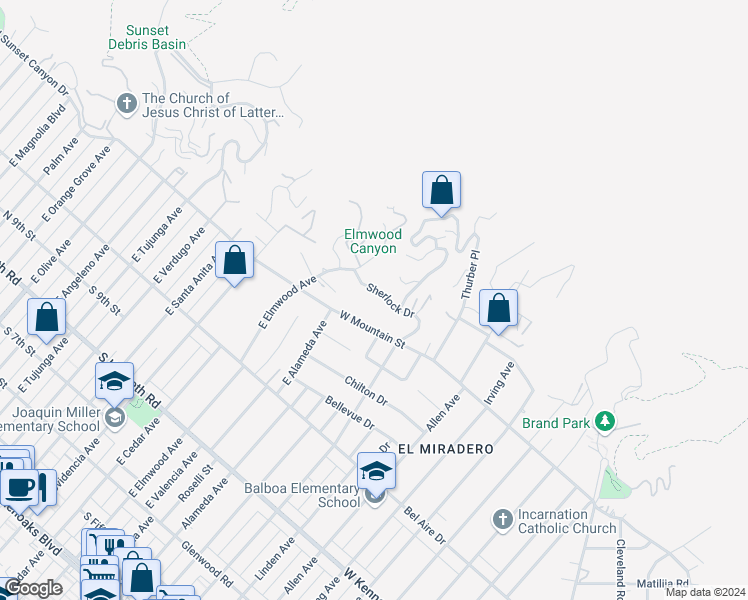map of restaurants, bars, coffee shops, grocery stores, and more near 937 Sherlock Drive in Burbank