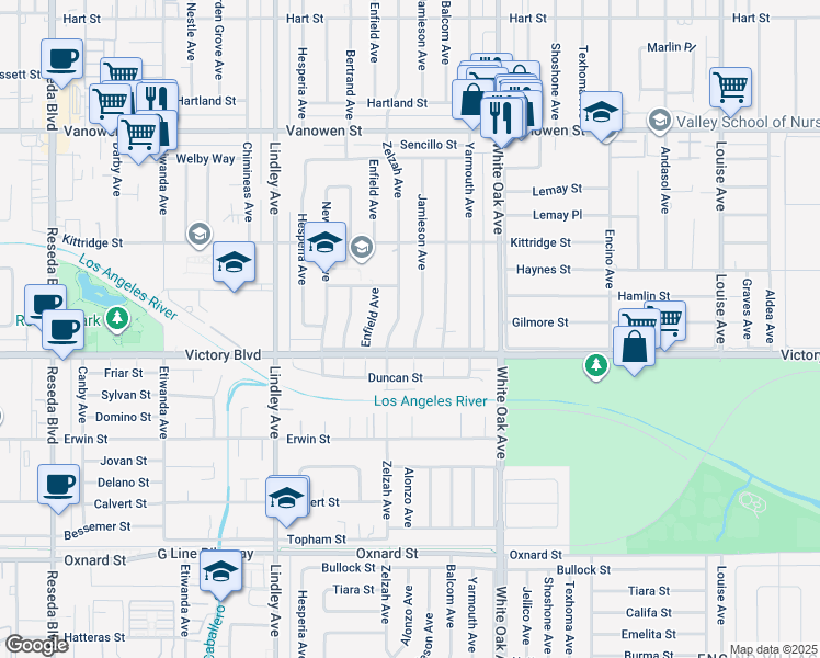 map of restaurants, bars, coffee shops, grocery stores, and more near 6417 Jamieson Avenue in Los Angeles