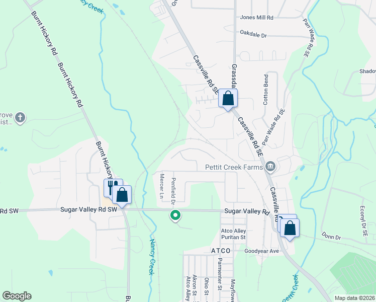 map of restaurants, bars, coffee shops, grocery stores, and more near 26 Miles Drive in Cartersville