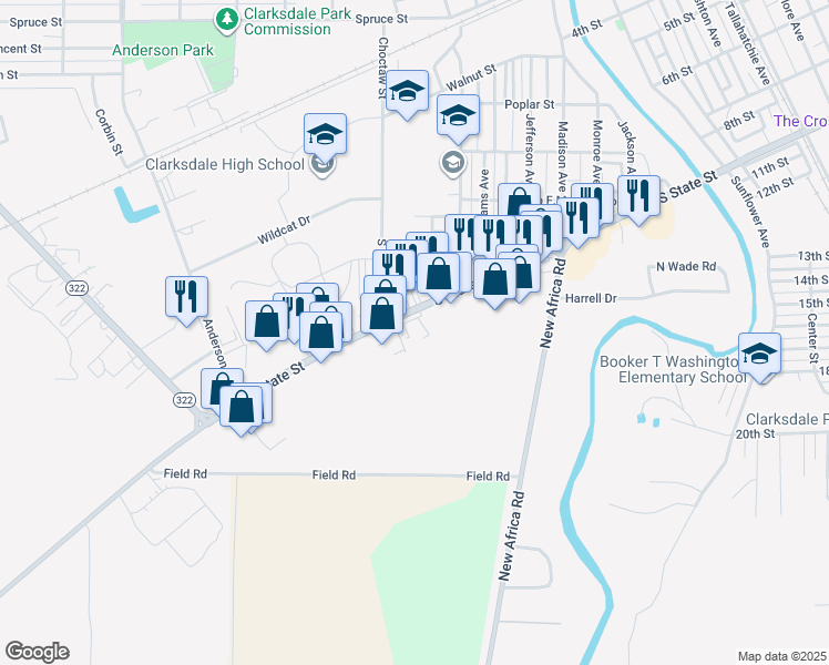 map of restaurants, bars, coffee shops, grocery stores, and more near 776-818 S State St in Clarksdale