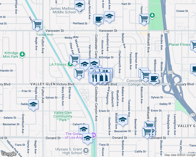 map of restaurants, bars, coffee shops, grocery stores, and more near 6440 Coldwater Canyon Avenue in Los Angeles