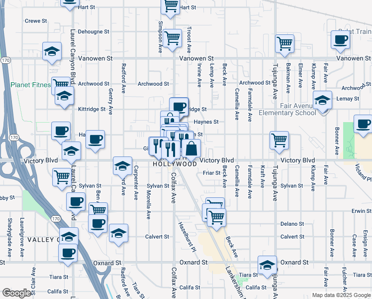map of restaurants, bars, coffee shops, grocery stores, and more near in Los Angeles