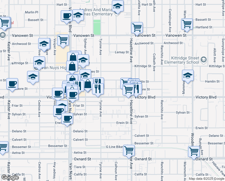 map of restaurants, bars, coffee shops, grocery stores, and more near 14214 Gilmore Street in Los Angeles
