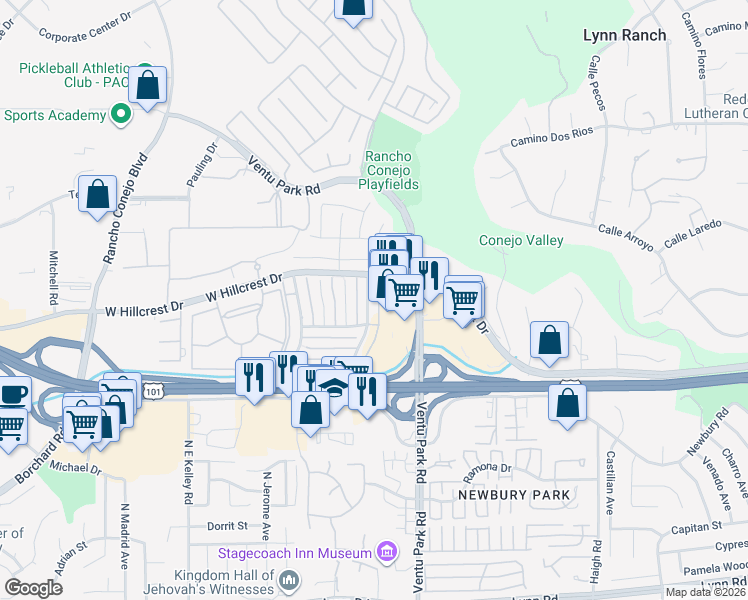 map of restaurants, bars, coffee shops, grocery stores, and more near 639 Avenida del Platino in Thousand Oaks