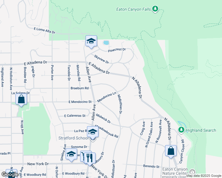 map of restaurants, bars, coffee shops, grocery stores, and more near 2051 Braeburn Road in Altadena