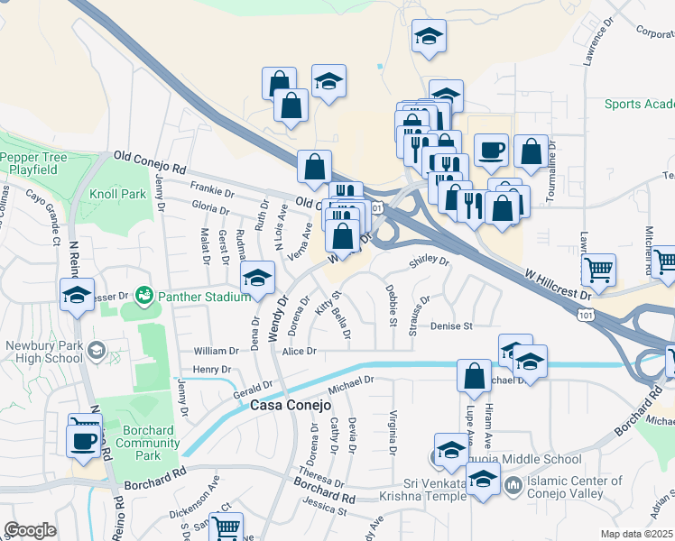 map of restaurants, bars, coffee shops, grocery stores, and more near 828 Wendy Drive in Thousand Oaks