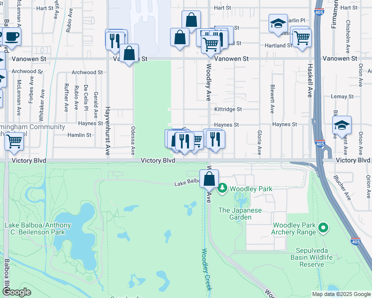 map of restaurants, bars, coffee shops, grocery stores, and more near 16154 Gilmore Street in Los Angeles