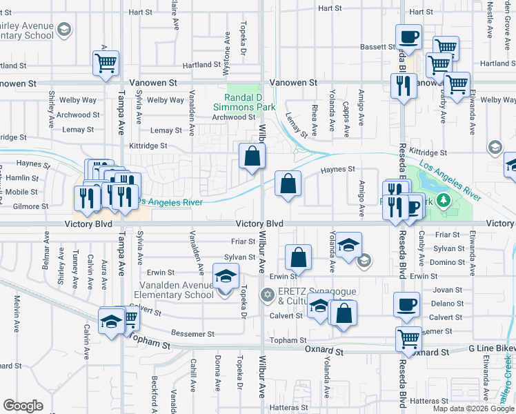 map of restaurants, bars, coffee shops, grocery stores, and more near 6423 Wilbur Avenue in Los Angeles