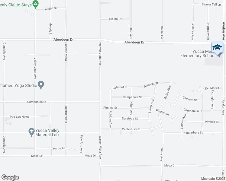 map of restaurants, bars, coffee shops, grocery stores, and more near 57783 Belmont Street in Yucca Valley