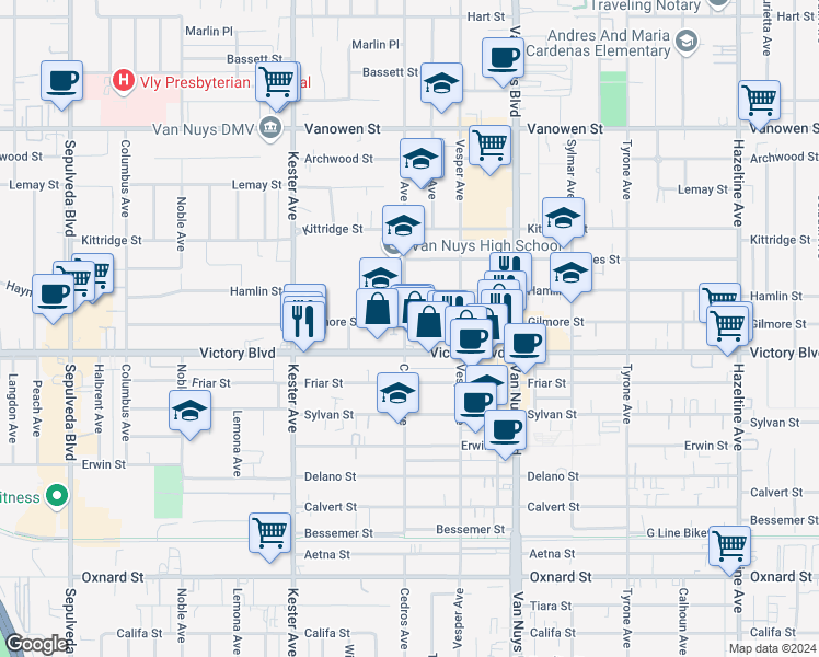 map of restaurants, bars, coffee shops, grocery stores, and more near 14658 Gilmore Street in Los Angeles