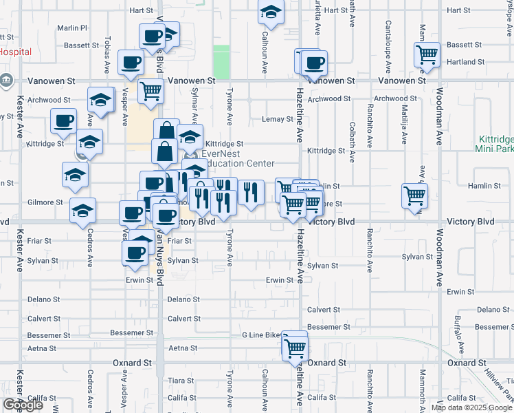 map of restaurants, bars, coffee shops, grocery stores, and more near 14212 Gilmore Street in Los Angeles