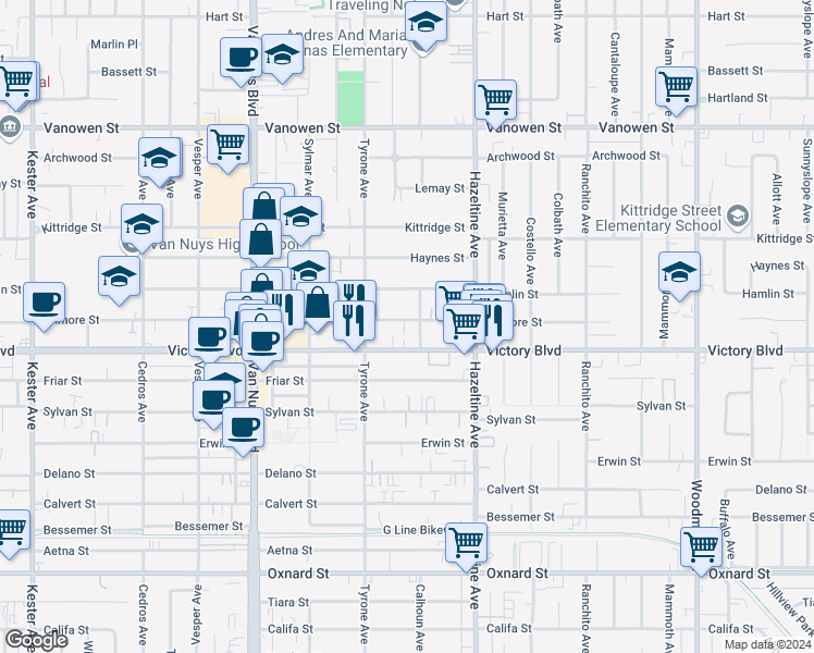 map of restaurants, bars, coffee shops, grocery stores, and more near 14212 Gilmore Street in Los Angeles