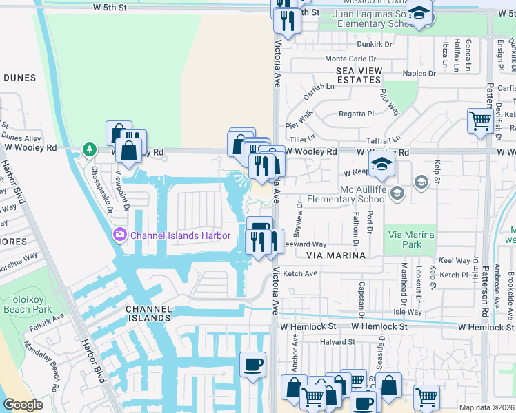map of restaurants, bars, coffee shops, grocery stores, and more near 1299 South Victoria Avenue in Oxnard