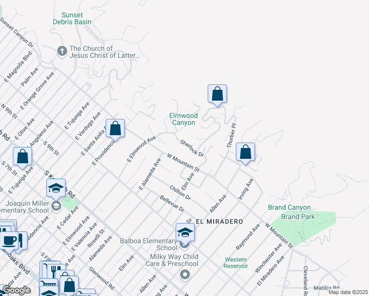 map of restaurants, bars, coffee shops, grocery stores, and more near 937 Sherlock Drive in Burbank