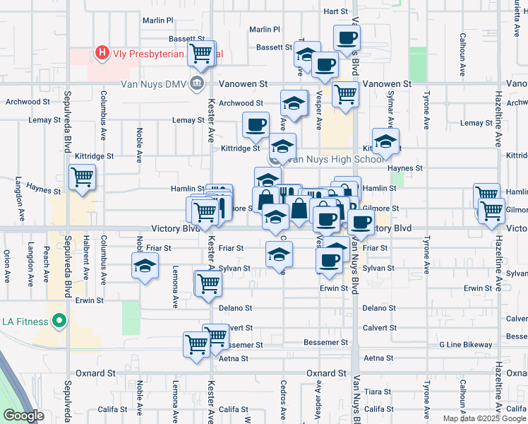 map of restaurants, bars, coffee shops, grocery stores, and more near 14734 Gilmore Street in Los Angeles