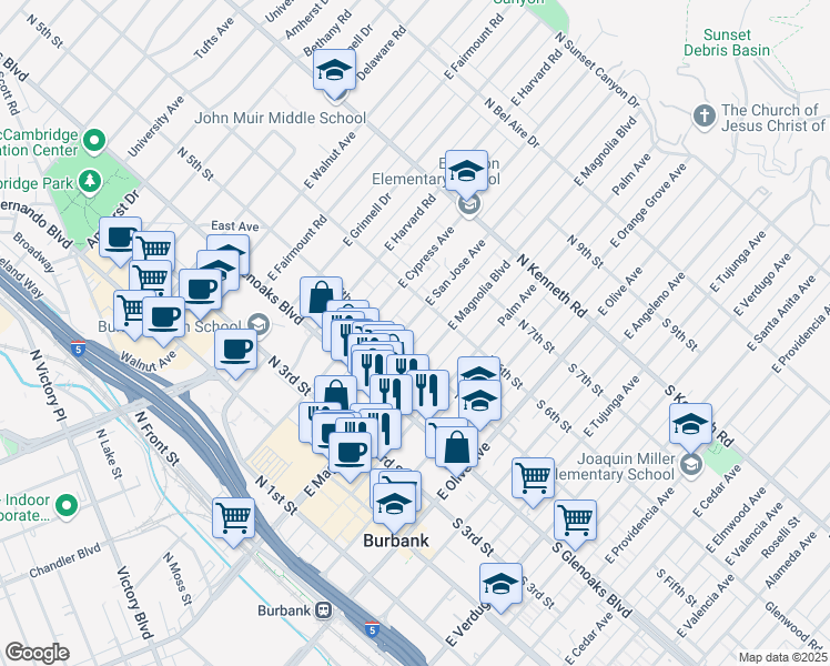 map of restaurants, bars, coffee shops, grocery stores, and more near 528 East San Jose Avenue in Burbank