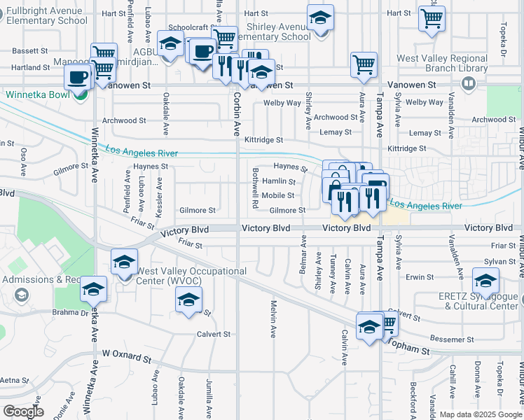 map of restaurants, bars, coffee shops, grocery stores, and more near 19617 Gilmore Street in Los Angeles
