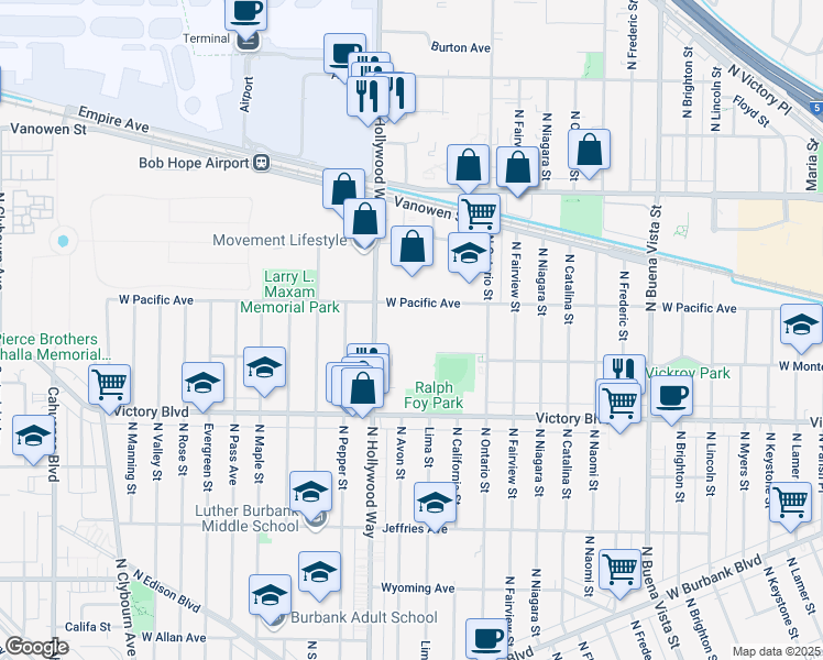map of restaurants, bars, coffee shops, grocery stores, and more near 3300-3498 Pacific Ave in Burbank