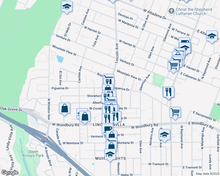 map of restaurants, bars, coffee shops, grocery stores, and more near Lincoln Ave & Figueroa Dr in Altadena