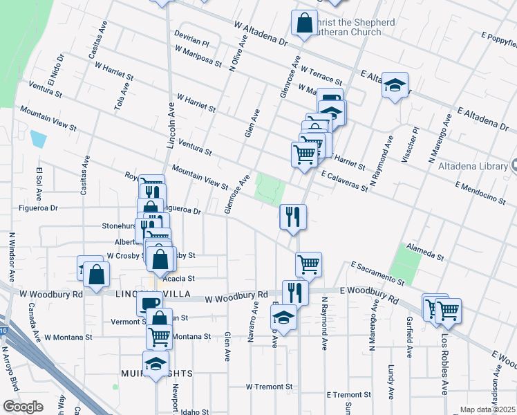 map of restaurants, bars, coffee shops, grocery stores, and more near 116 Mountain View Street in Altadena