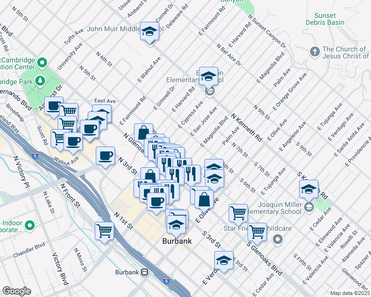 map of restaurants, bars, coffee shops, grocery stores, and more near 528 East San Jose Avenue in Burbank