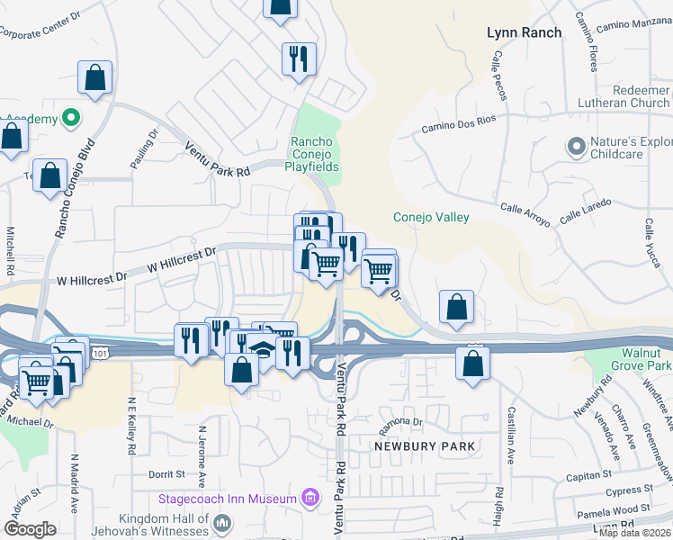 map of restaurants, bars, coffee shops, grocery stores, and more near 540 North Ventu Park Road in Thousand Oaks