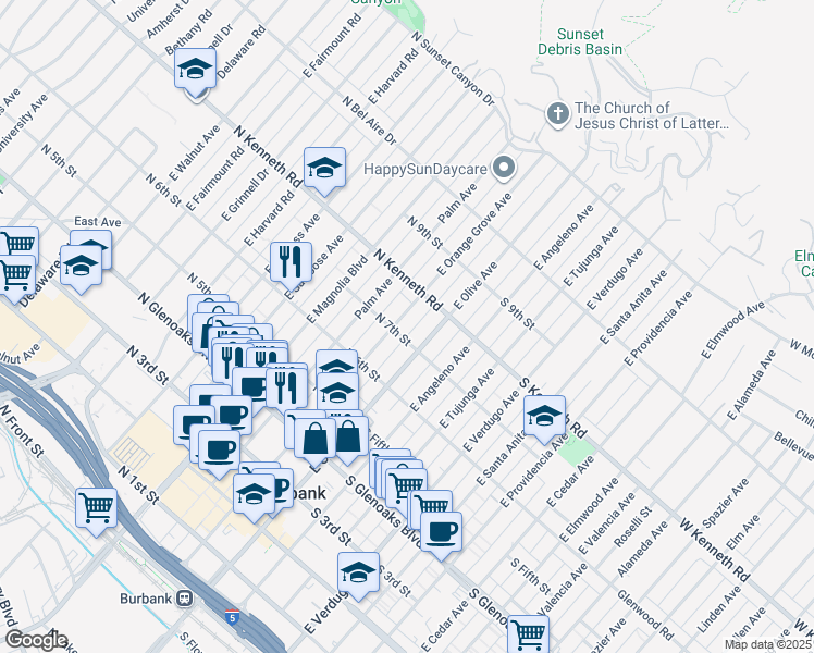 map of restaurants, bars, coffee shops, grocery stores, and more near 711 East Orange Grove Avenue in Burbank