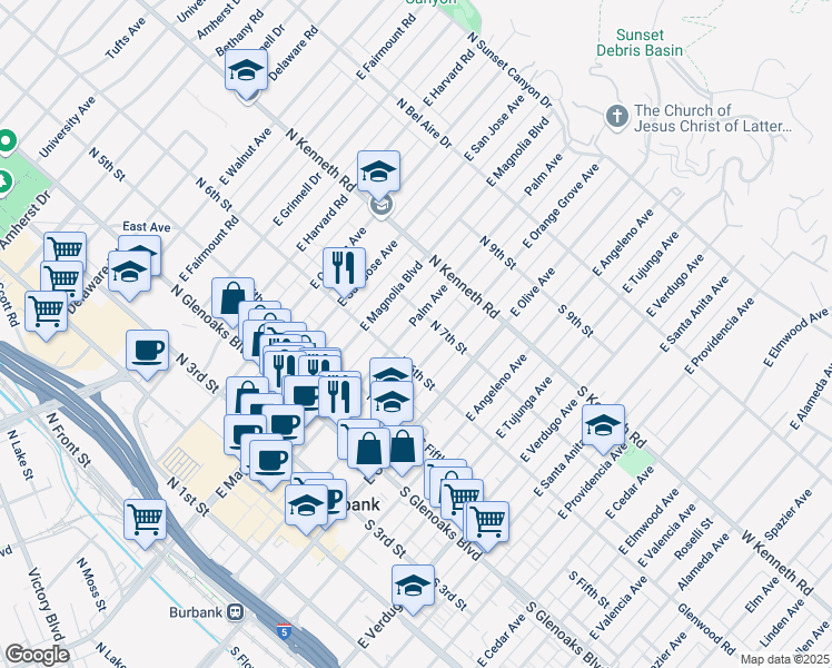 map of restaurants, bars, coffee shops, grocery stores, and more near 311 North 7th Street in Burbank