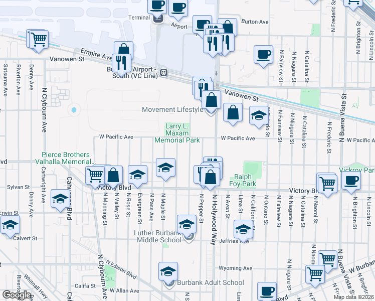 map of restaurants, bars, coffee shops, grocery stores, and more near 2137 North Screenland Drive in Burbank