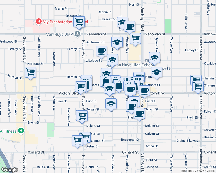 map of restaurants, bars, coffee shops, grocery stores, and more near 14711 Gilmore Street in Los Angeles