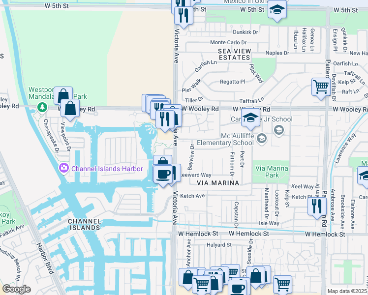 map of restaurants, bars, coffee shops, grocery stores, and more near 3711 Via Marina Avenue in Oxnard