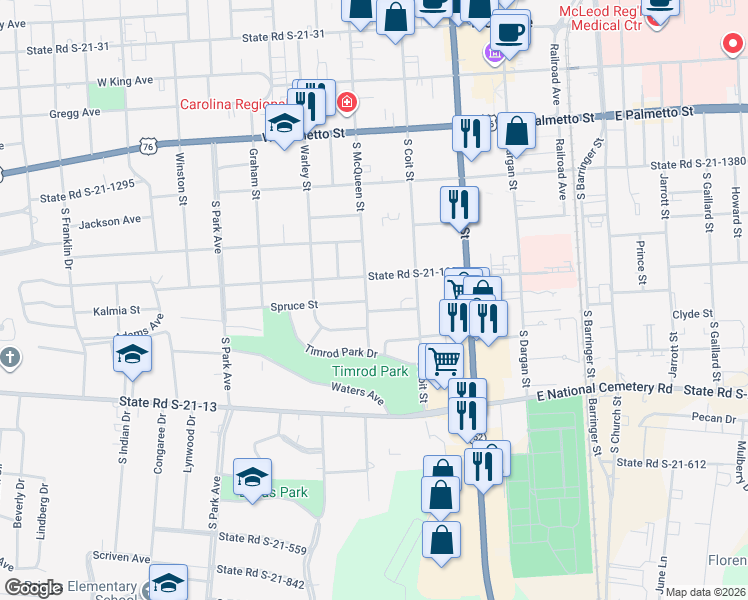map of restaurants, bars, coffee shops, grocery stores, and more near 602 South McQueen Street in Florence